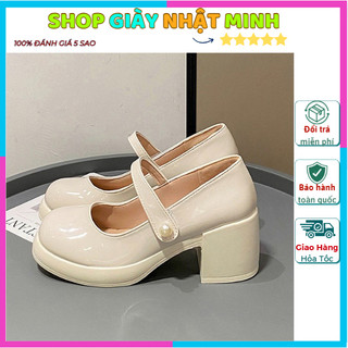 Giày lolita nữ da bóng mũi tròn quai cài ngang đính ngọc đế 6p cực xinh,Giày nữ phong cách Hàn Quốc siê