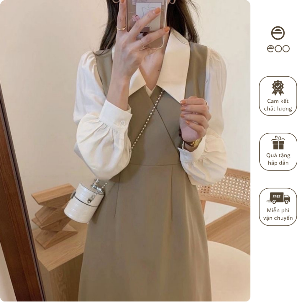Váy dài qua gối trắng nâu váy dài tay dáng chữ A cổ sơ mi dự tiệc vintage eooshop