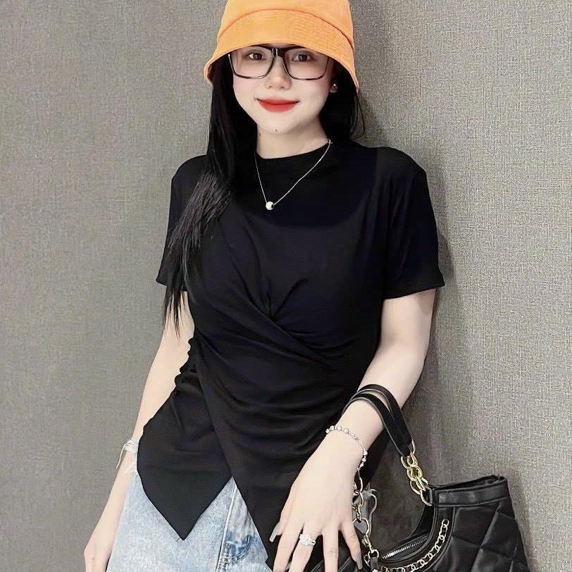 Áo Thun Nữ Bigsize Áo Thun Cổ Tròn Vạt Xéo Nhún Eo Xinhh