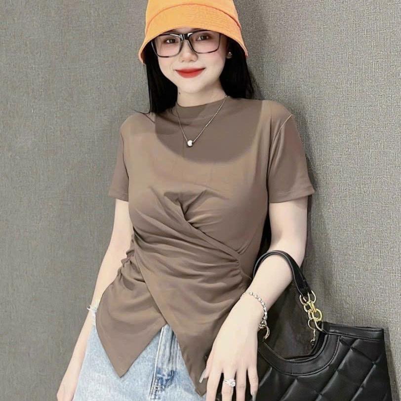 Áo Thun Nữ Bigsize Áo Thun Cổ Tròn Vạt Xéo Nhún Eo Xinhh