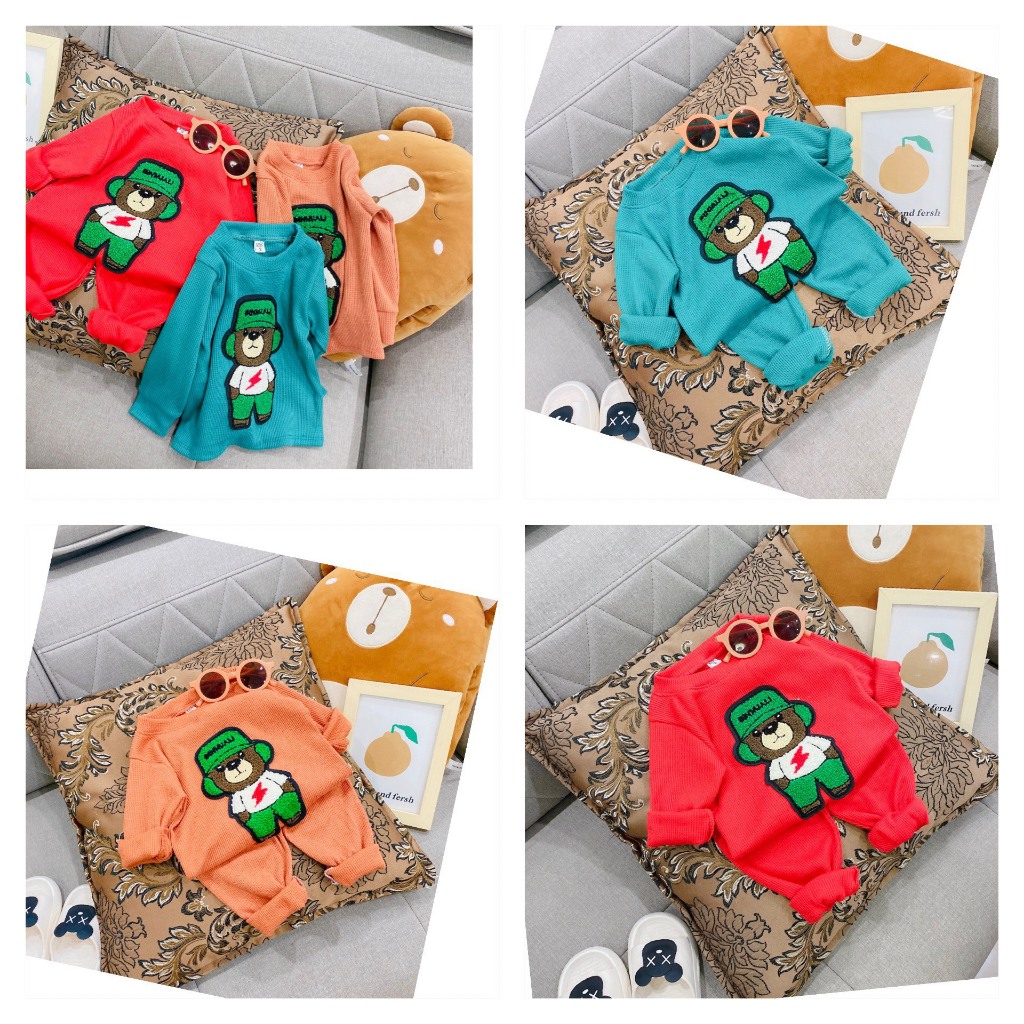 Bộ quần áo dài tay, thu đông, mặc điều hòa, chất xốp tổ ong, may hình gấu ngộ nghĩnh, cho bé trai, bé gái-BD11