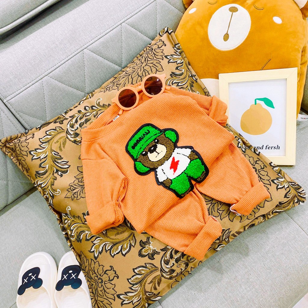 Bộ quần áo dài tay, thu đông, mặc điều hòa, chất xốp tổ ong, may hình gấu ngộ nghĩnh, cho bé trai, bé gái-BD11