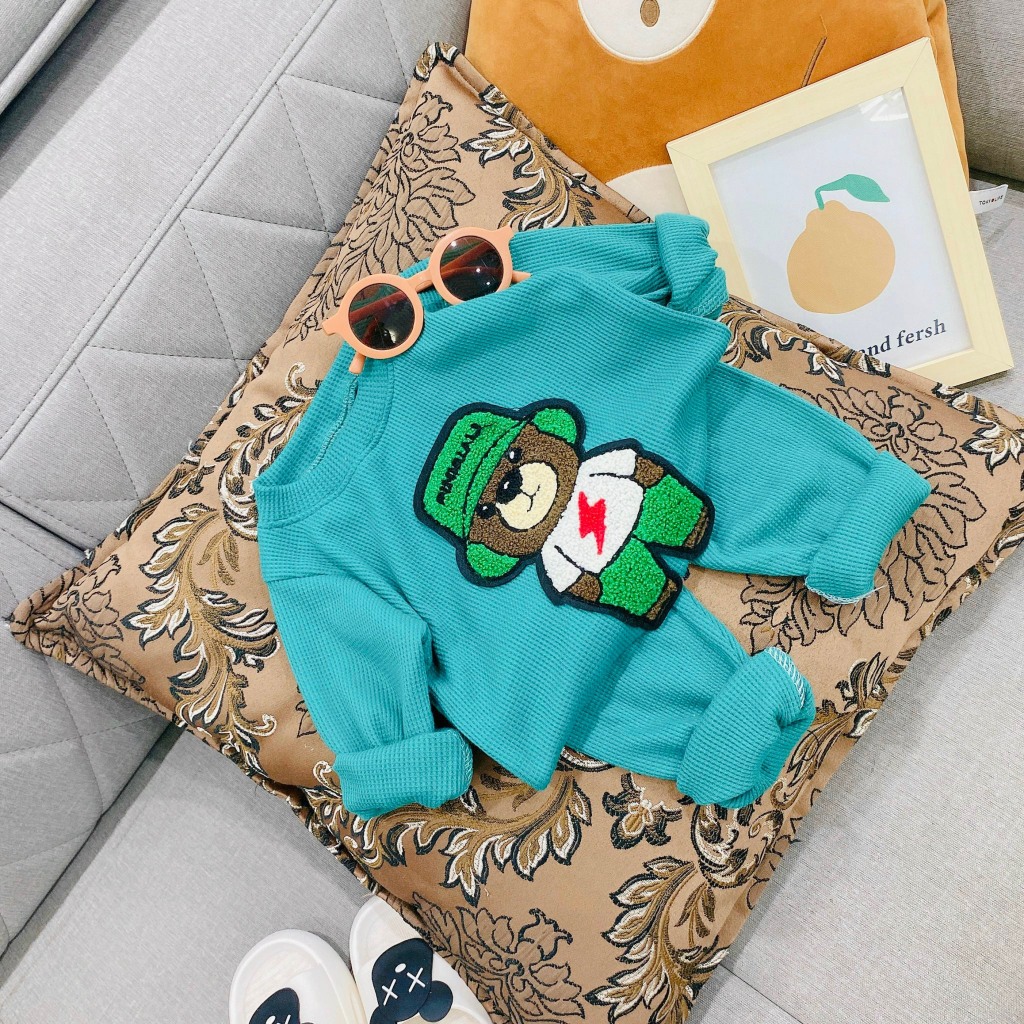 Bộ quần áo dài tay, thu đông, mặc điều hòa, chất xốp tổ ong, may hình gấu ngộ nghĩnh, cho bé trai, bé gái-BD11
