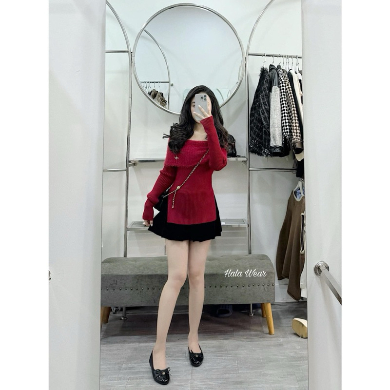 Áo len lông trễ vai