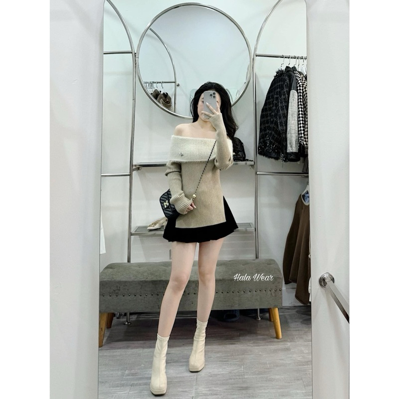 Áo len lông trễ vai