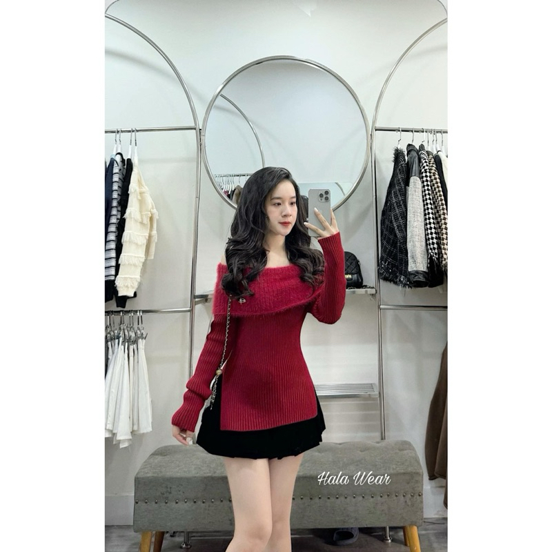 Áo len lông trễ vai