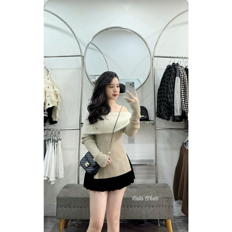 Áo len lông trễ vai