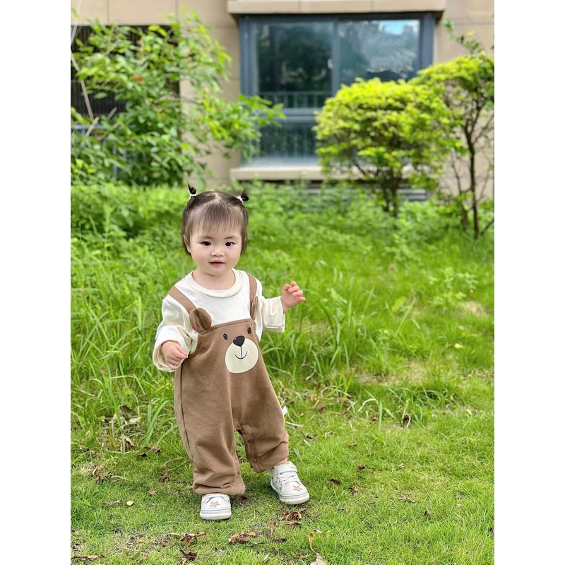 Body Yếm Dài Tay Cho Bé, Bộ Đồ Liền Thân Bé Trai Bé Gái, Mẫu Body Thu Đông Hình Gấu Đáng Yêu Cho Trẻ Từ 3-12kg
