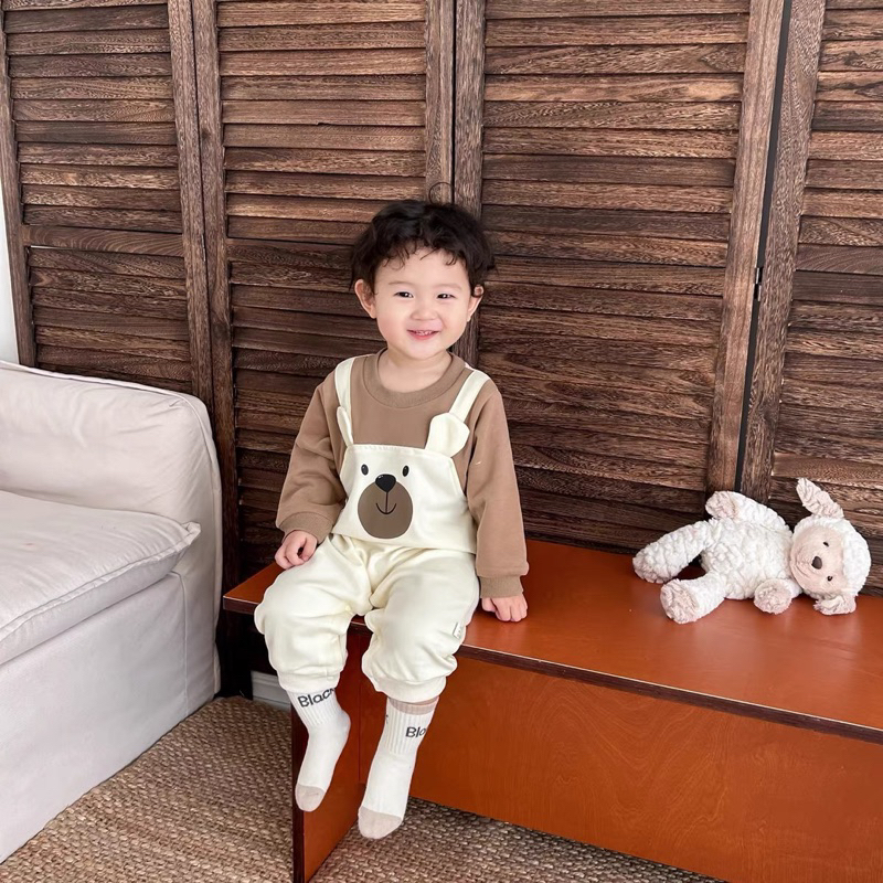 Body Yếm Dài Tay Cho Bé, Bộ Đồ Liền Thân Bé Trai Bé Gái, Mẫu Body Thu Đông Hình Gấu Đáng Yêu Cho Trẻ Từ 3-12kg