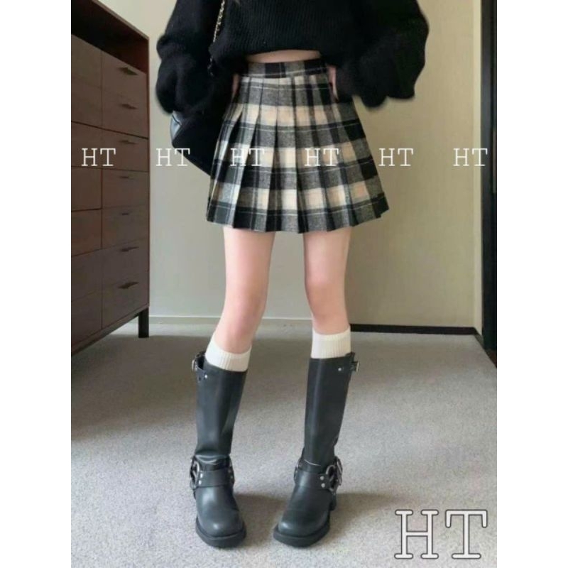 Chân váy dạ kẻ xếp ly hàng QC