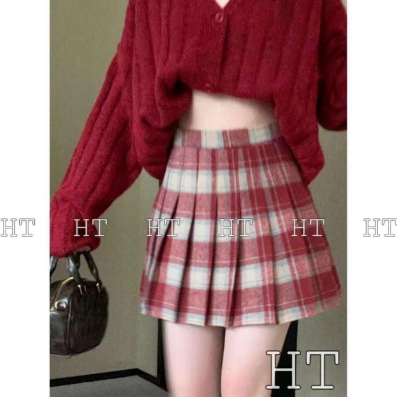 Chân váy dạ kẻ xếp ly hàng QC