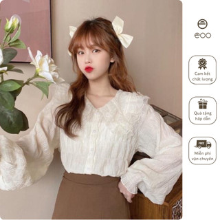 Áo sơ mi điệu trắng, be áo sơ mi tay dài cổ bèo tay bồng tiểu thư xinh xắn eooshop