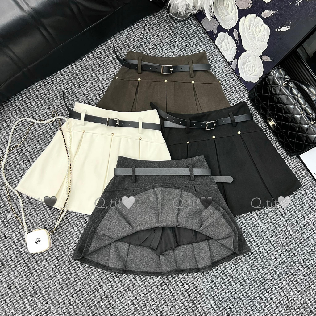 Chân váy dạ xếp ly to cạp cao kèm đai 4 màu dáng ngắn