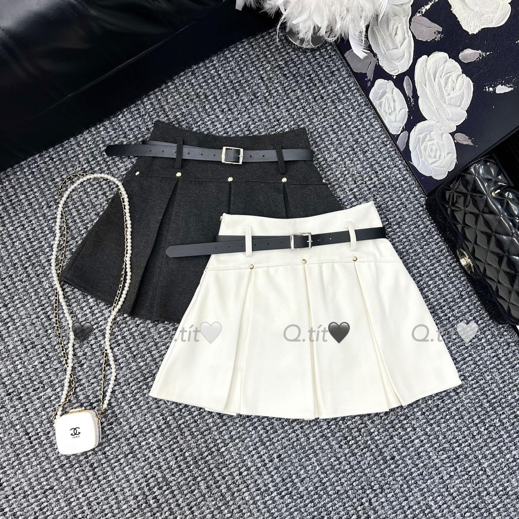 Chân váy dạ xếp ly to cạp cao kèm đai 4 màu dáng ngắn