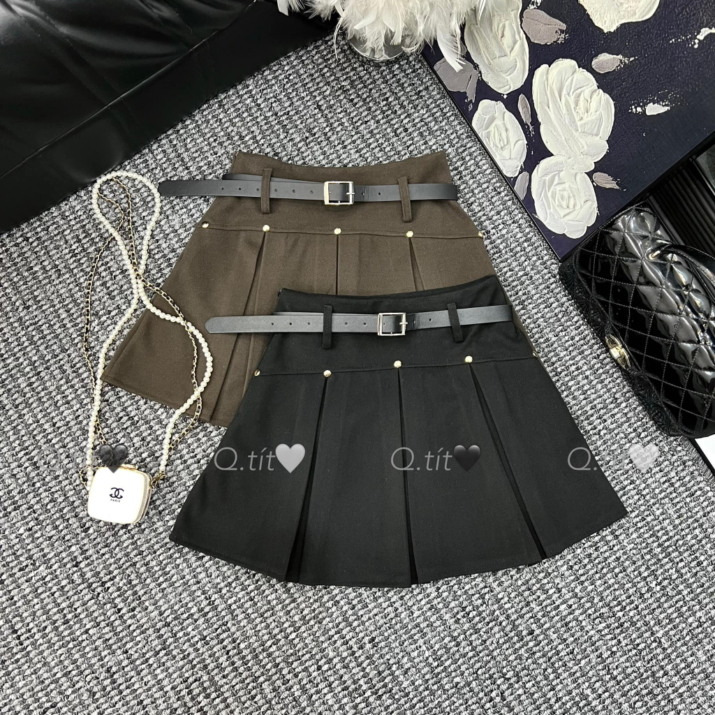 Chân váy dạ xếp ly to cạp cao kèm đai 4 màu dáng ngắn