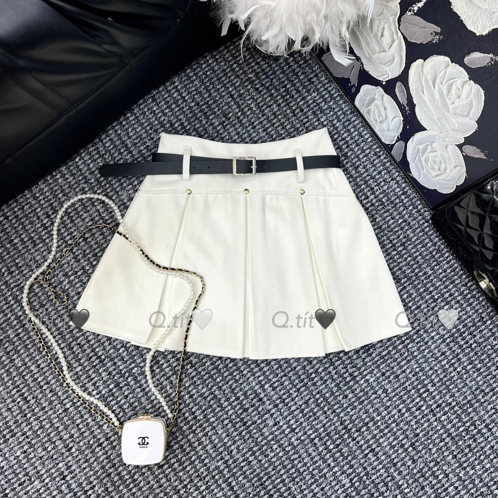 Chân váy dạ xếp ly to cạp cao kèm đai 4 màu dáng ngắn