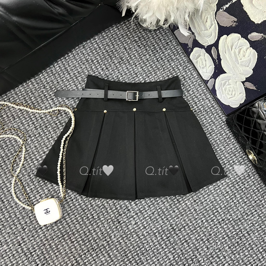 Chân váy dạ xếp ly to cạp cao kèm đai 4 màu dáng ngắn