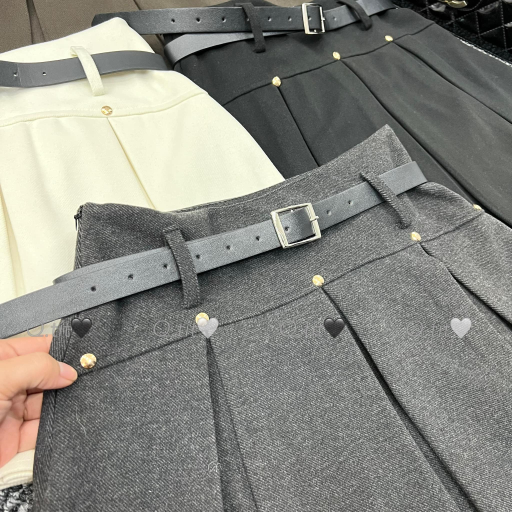 Chân váy dạ xếp ly to cạp cao kèm đai 4 màu dáng ngắn