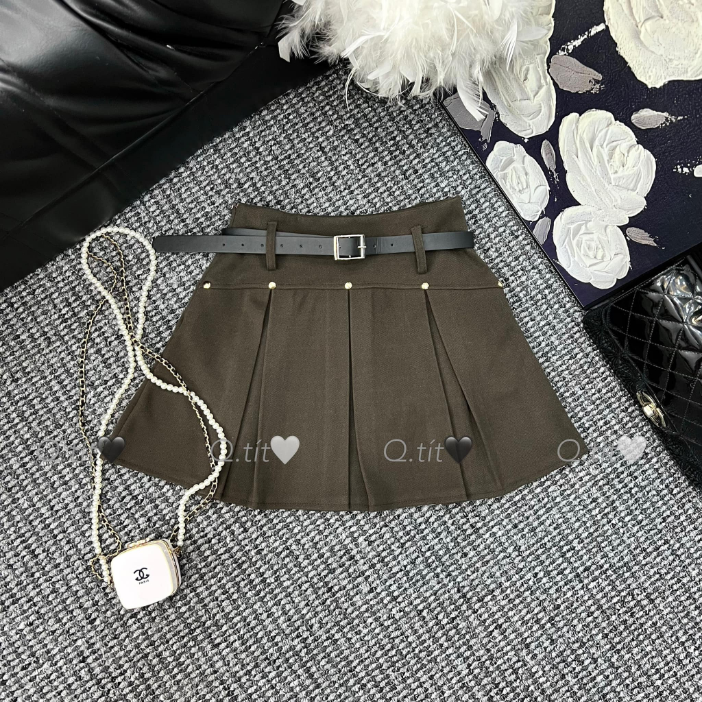 Chân váy dạ xếp ly to cạp cao kèm đai 4 màu dáng ngắn