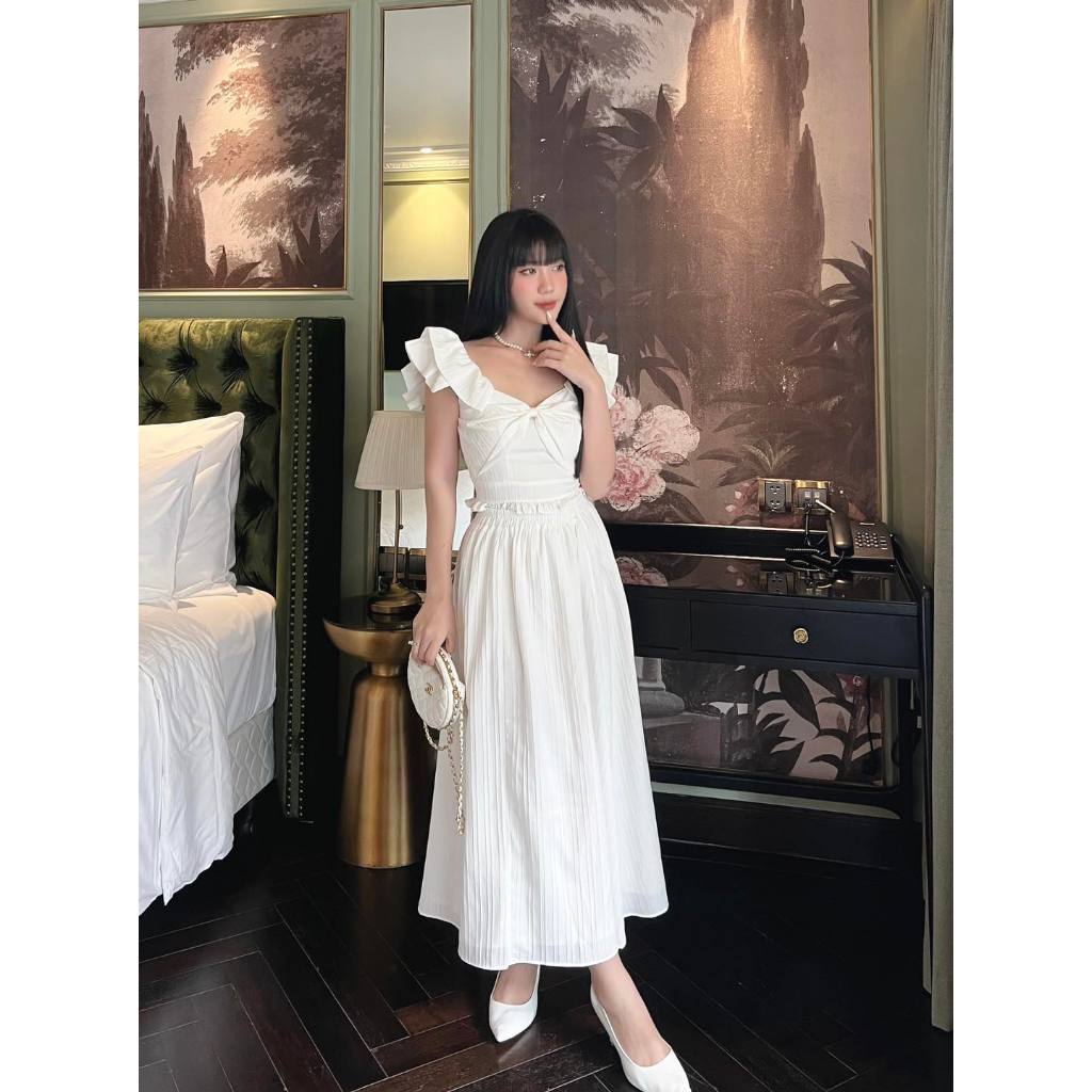 Set Áo Tay Bèo + Chân Váy Dài Dạo Phố / Đi Tiệc Sang Trọng Màu Trắng / Đen