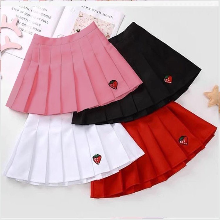 Chân váy xếp ly có quần bảo hộ cho bé gái 13-50kg,Chân váy cạp chun thêu hình quả dâu cho bé đi học đi chơi,Chất Umi mềm