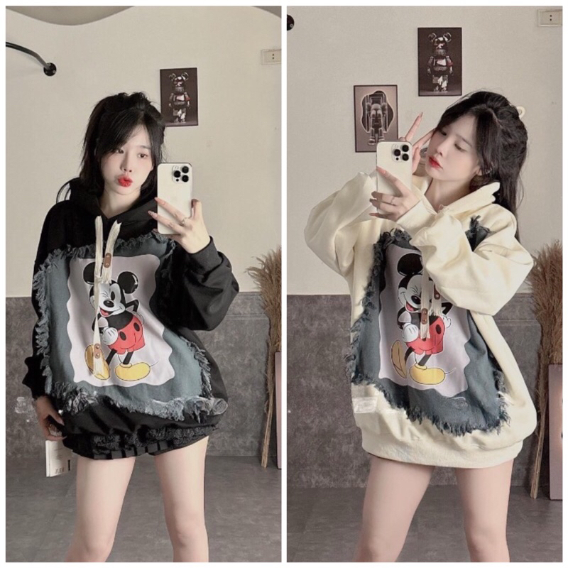 Áo Hoodie Đắp Vải Hình Mickey Mũ 2 Lớp Mang Thu Đông Ấm Áp