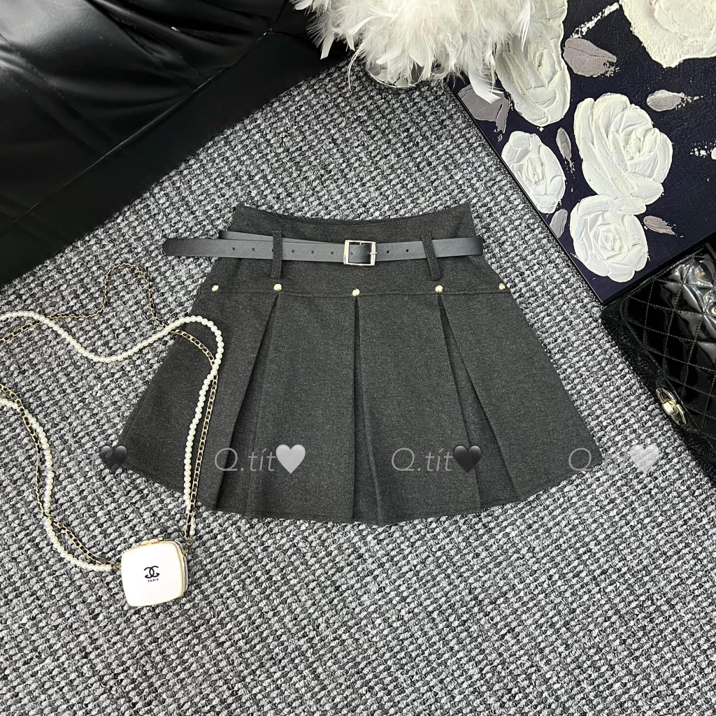 Chân váy dạ xếp ly to cạp cao kèm đai 4 màu dáng ngắn