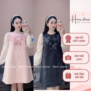 Váy bầu, váy suông dạ tweed tay tơ đính b.u.o.m ngực