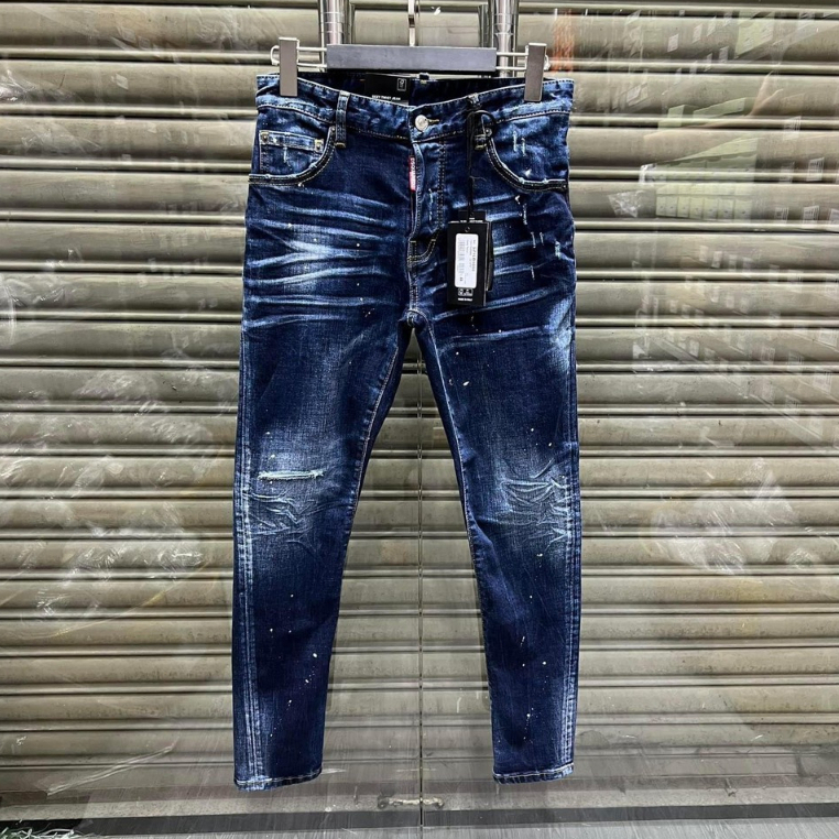 Quần Jean Nam DSQ2 Xanh Rách Xước Vẩy Sơn,Quần Bò Nam DSQ2 Hàng 4 Cúc Wash Màu Xanh Loang Siêu Hottrend 2023