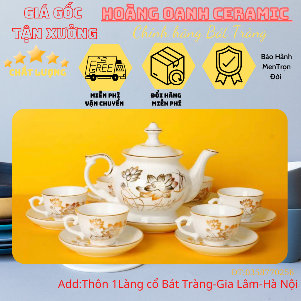 (CHỌN 10 MẪU) Bộ Ấm Chén Pha Trà nhà lò Bát Tràng-vẽ Vàng:hoa Sen,hoa Đào,hoa Mai…men Trắng,viền Vàng-dáng Phú Quý
