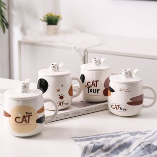 Ly Sứ 700ML Hình Mèo Nắp Lõm Có Nắp Và Thìa Inox mẹ sóc