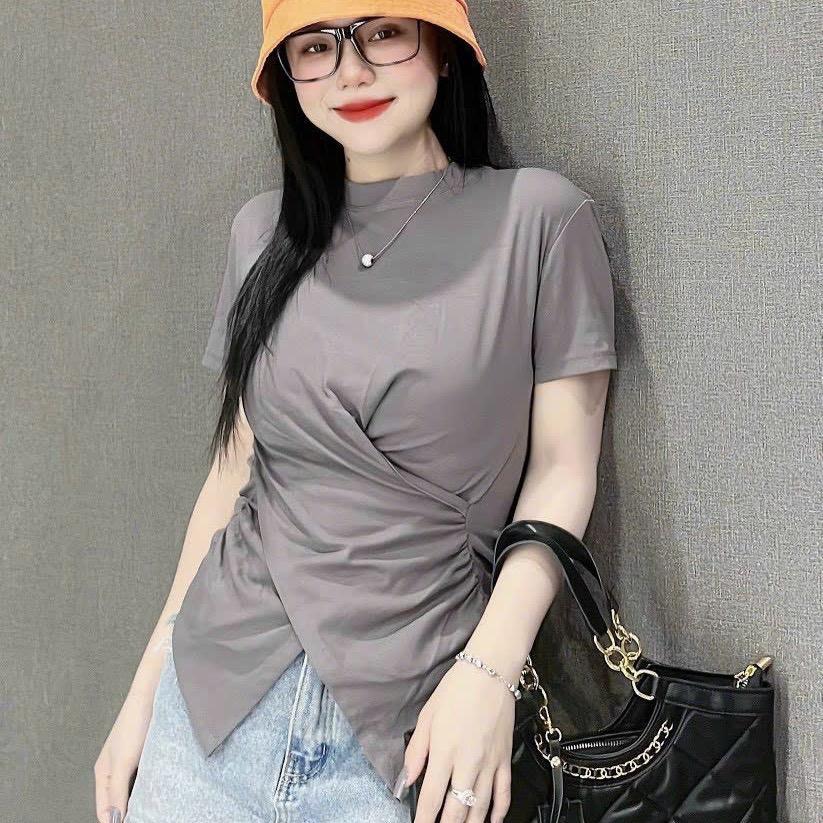 Áo Thun Nữ Bigsize Áo Thun Cổ Tròn Vạt Xéo Nhún Eo Xinhh