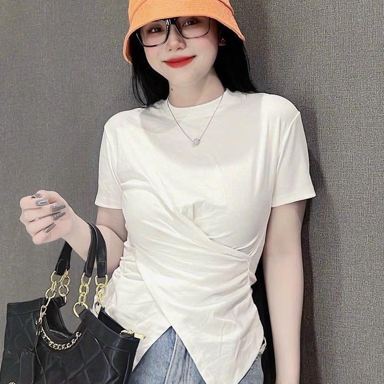 Áo Thun Nữ Bigsize Áo Thun Cổ Tròn Vạt Xéo Nhún Eo Xinhh