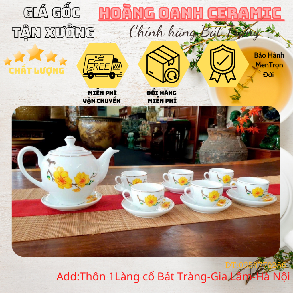 (CHỌN 8 MẪU)Bộ Ấm Chén Pha Trà-hàng nhà lò chuẩn Bát Tràng-vẽ Sen,vẽ Làng Quê Việt,men Trắng,viền Vàng-dáng ấm Minh Long