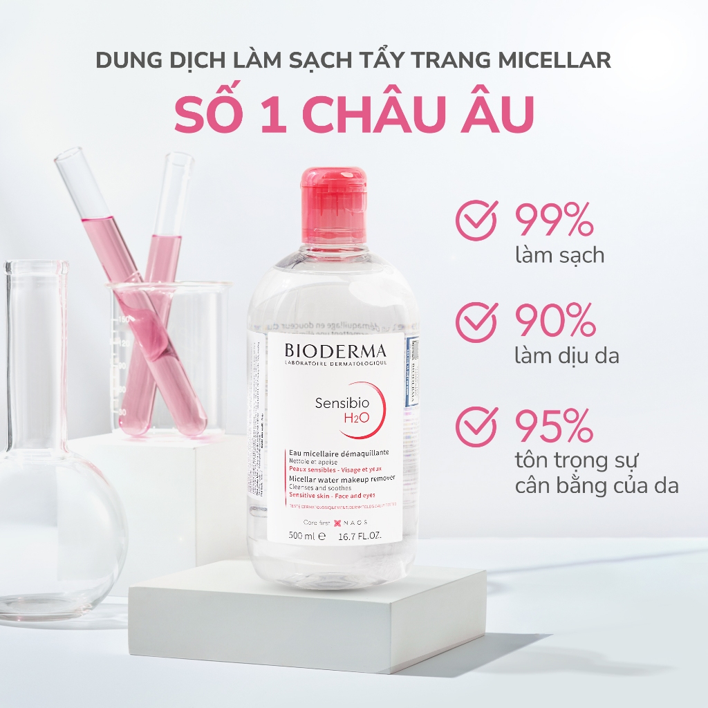 Nước tẩy trang Bioderma hồng Micellar Sensibio 100ml - 250ml - 500ml, dung dịch làm sạch dành cho da thường và da nhạy c