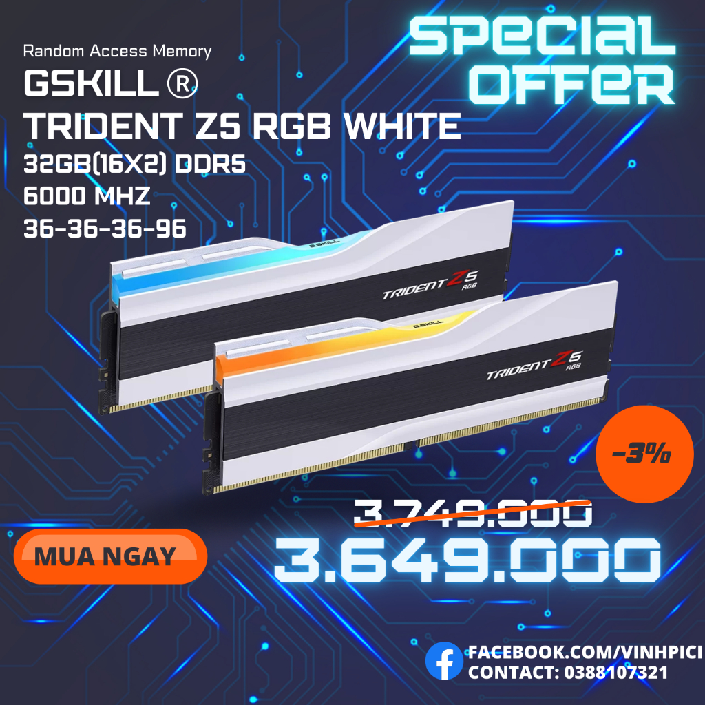 Ram G.SKILL TRIDENT Z5 RGB WHITE 32GB 6000MHz DDR5 (16GBx2) F5-6000J3636F16GX2-TZ5RW [NEW]