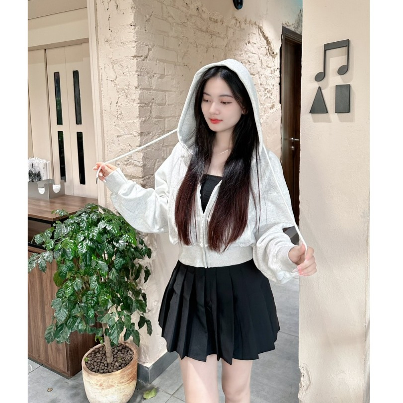 Áo khoác nỉ croptop dáng rộng siêu xinh phong cách Hàn Quốc, Áo khoác thu đông nữ hoodie zip tay bồng