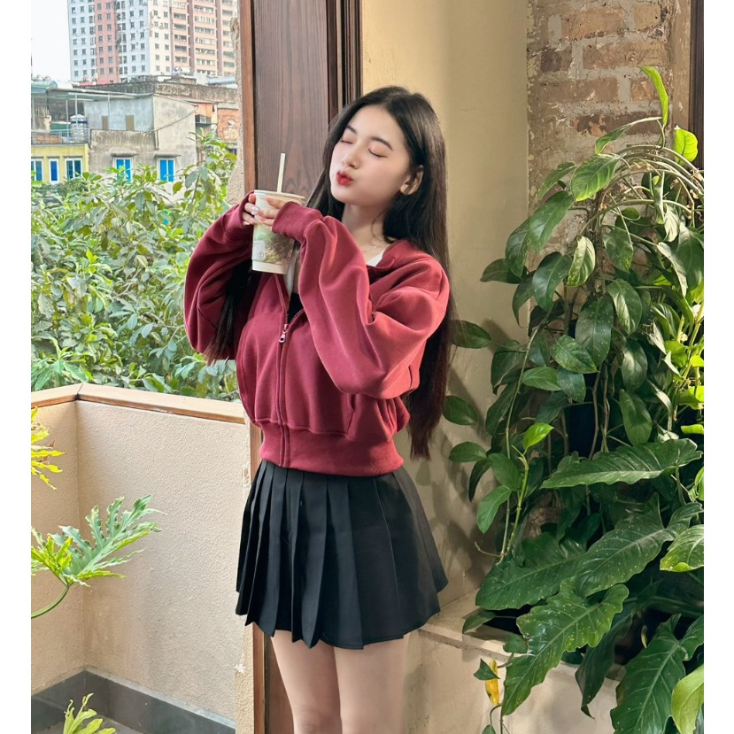 Áo khoác nỉ croptop dáng rộng siêu xinh phong cách Hàn Quốc, Áo khoác thu đông nữ hoodie zip tay bồng