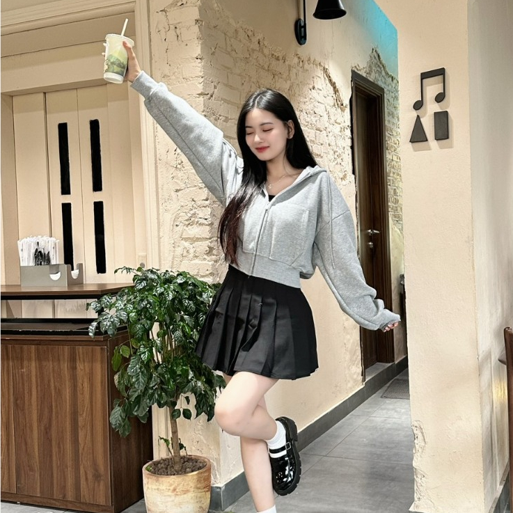 Áo khoác nỉ croptop dáng rộng siêu xinh phong cách Hàn Quốc, Áo khoác thu đông nữ hoodie zip tay bồng