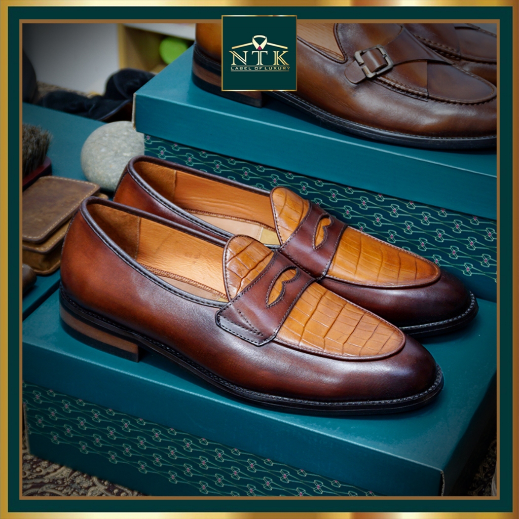 Giày lười đế GỐ PHÍP da thật, loafer nam màu nâu phối đồ công sở, bảo hành chính hãng 2 năm