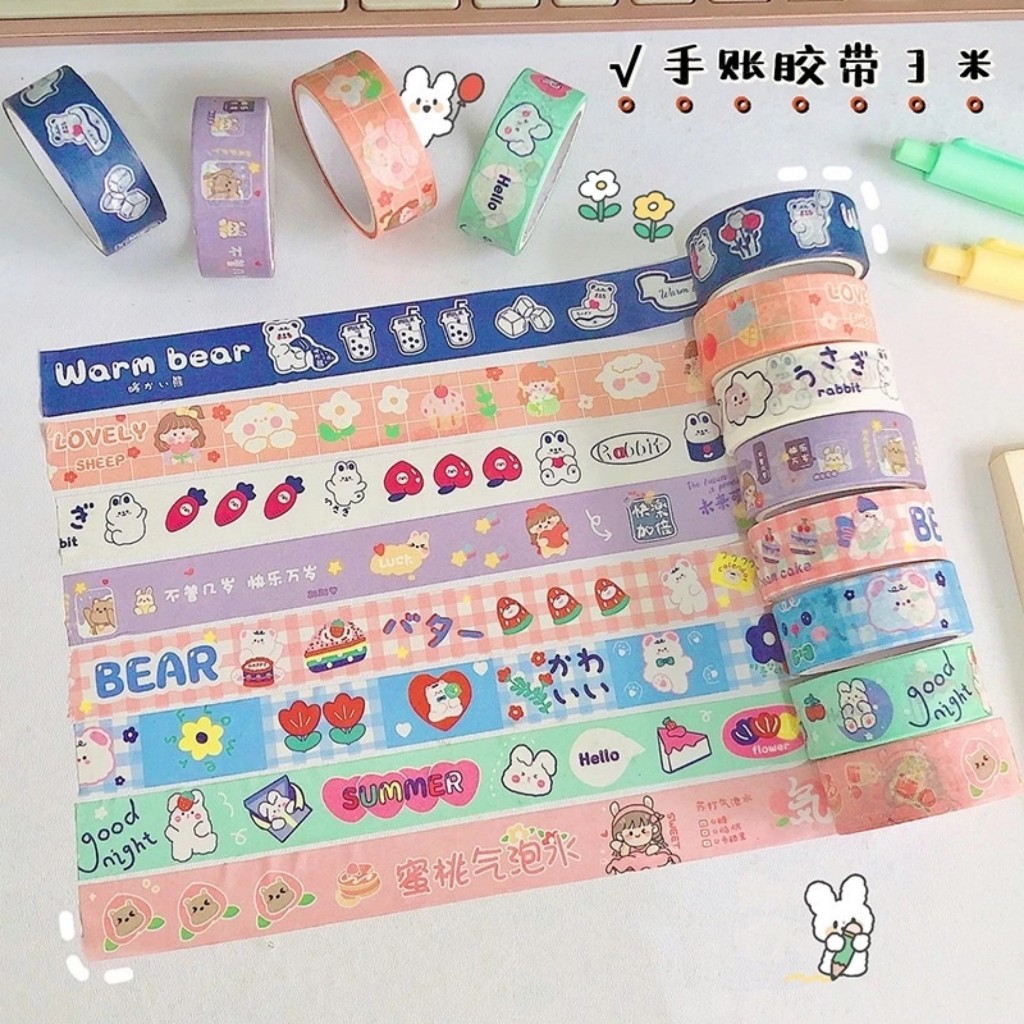 Lẻ 1 Cuộn băng dính washi tape dán trang trí họa tiết hoạt hình dễ thương, cuộn băng dán sticker nhiều hình cute