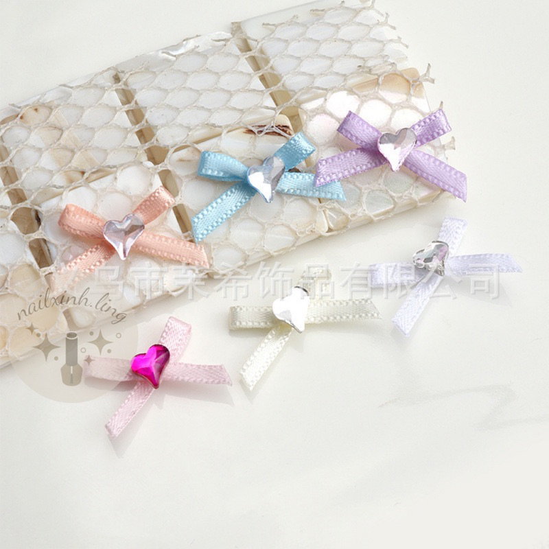 Charm Nơ Vải Ruyban Đính Đá Hình Tim Mẫu Mới Hot R2- Phụ Kiện Nơ Vải Ruy Băng Đá Tim