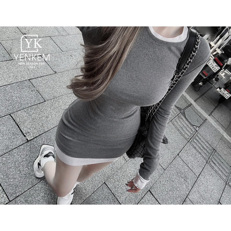 Váy body dài tay phối viền đen/xám