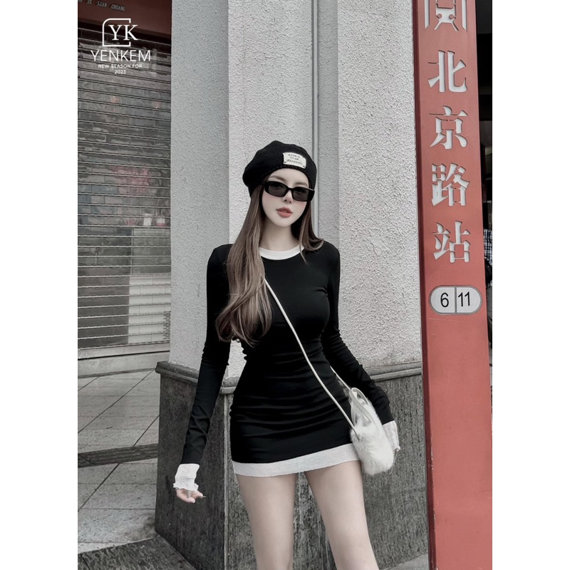 Váy body dài tay phối viền đen/xám