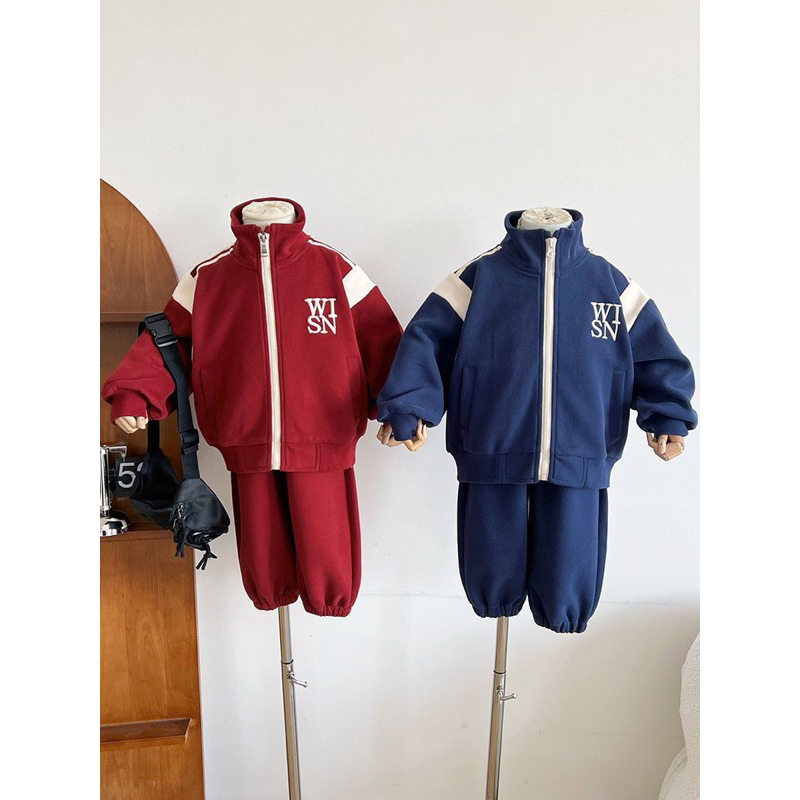 Bộ thu đông bé trai, set bộ quần áo chất da cá chéo kéo khóa chữ WISH cho bé 10-30kg