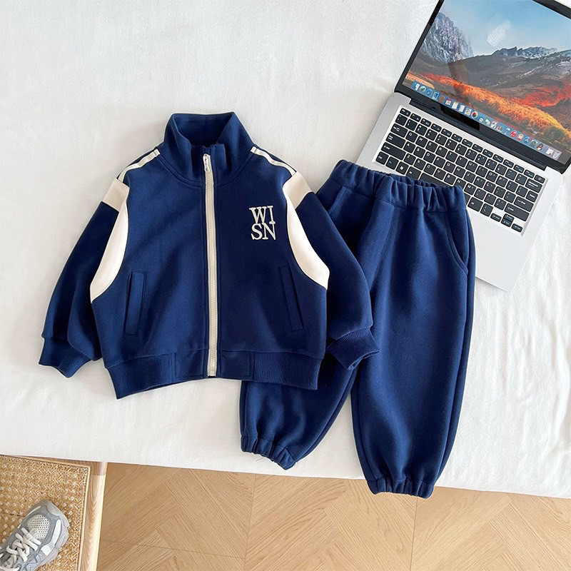 Bộ thu đông bé trai, set bộ quần áo chất da cá chéo kéo khóa chữ WISH cho bé 10-30kg