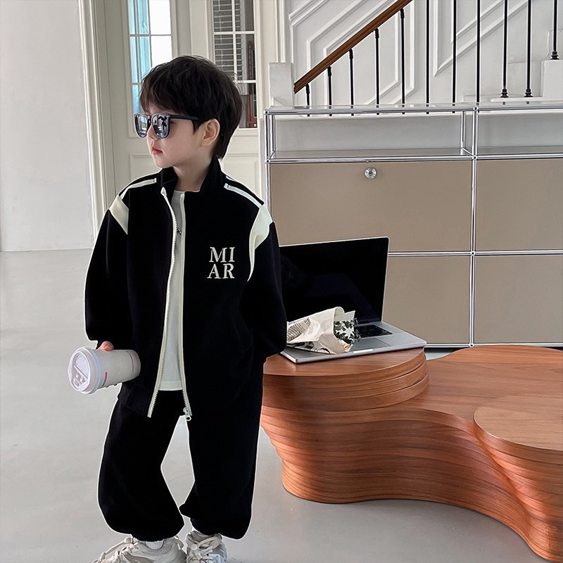 Bộ thu đông bé trai, set bộ quần áo chất da cá chéo kéo khóa chữ WISH cho bé 10-30kg