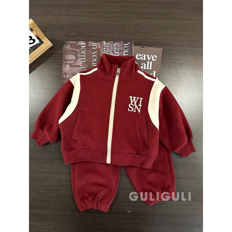 Bộ thu đông bé trai, set bộ quần áo chất da cá chéo kéo khóa chữ WISH cho bé 10-30kg