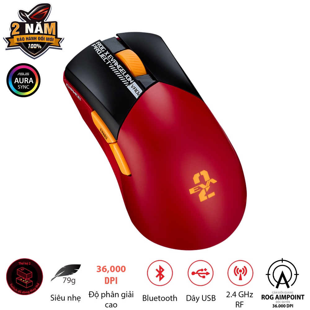 Chuột game FPS không dây ASUS ROG Gladius III Wireless AIMPOINT EVA-02, đa kết nối, 36000 DPI, cáp paracord, thay switch