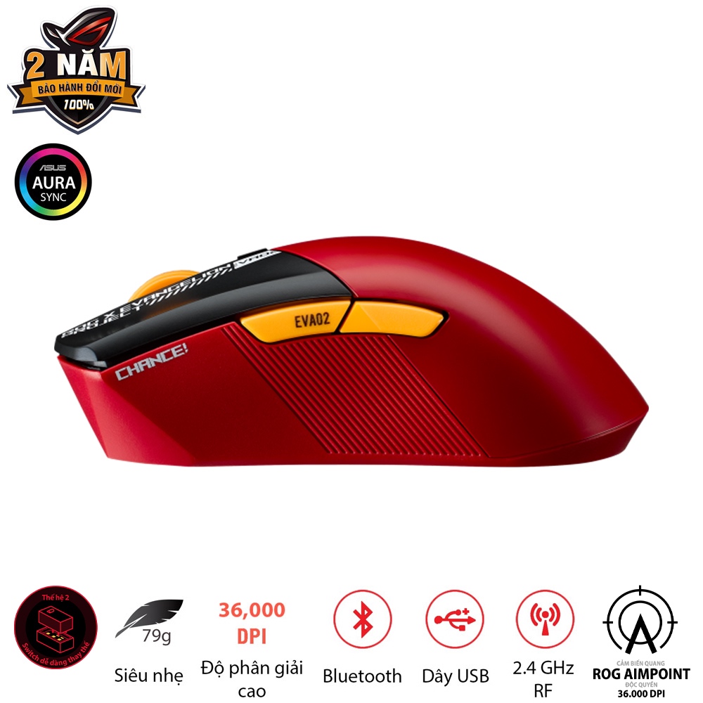 Chuột game FPS không dây ASUS ROG Gladius III Wireless AIMPOINT EVA-02, đa kết nối, 36000 DPI, cáp paracord, thay switch